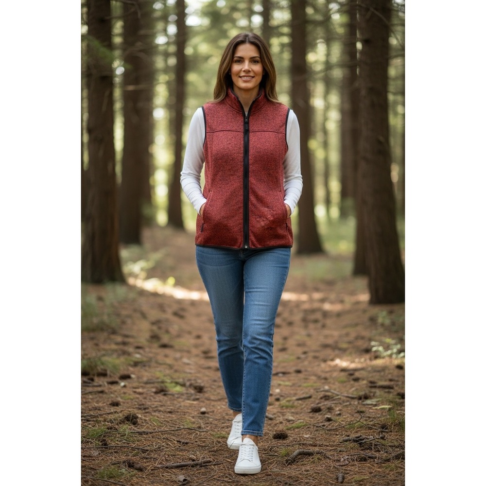 St Johns Bay Womens XXL Red Marled Fleece Vest Cabincore Full Zip Pockets